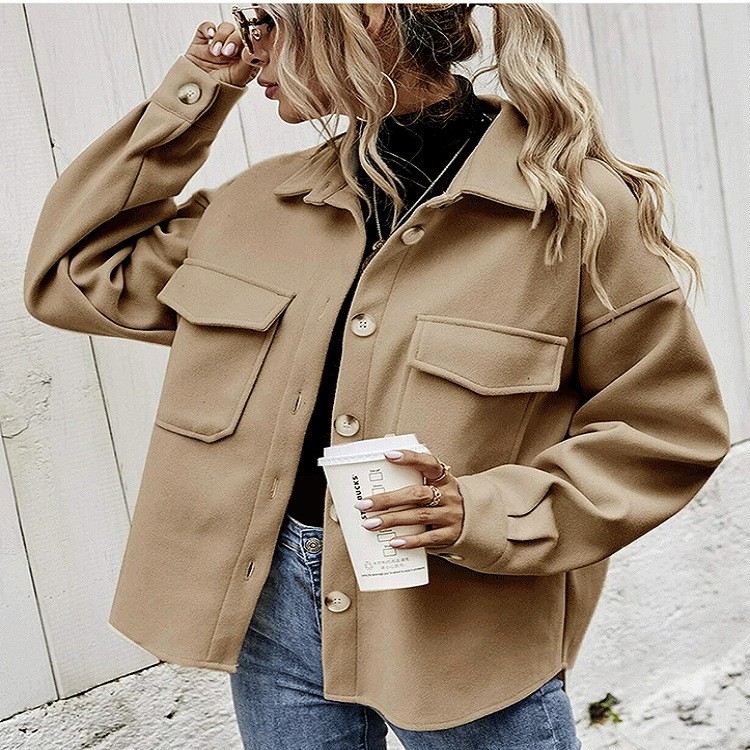 Cross-border Women's European and American New Fashion Solid Color Single-breasted Woolen Coat Casual Coat Lapel Loose Women's Top