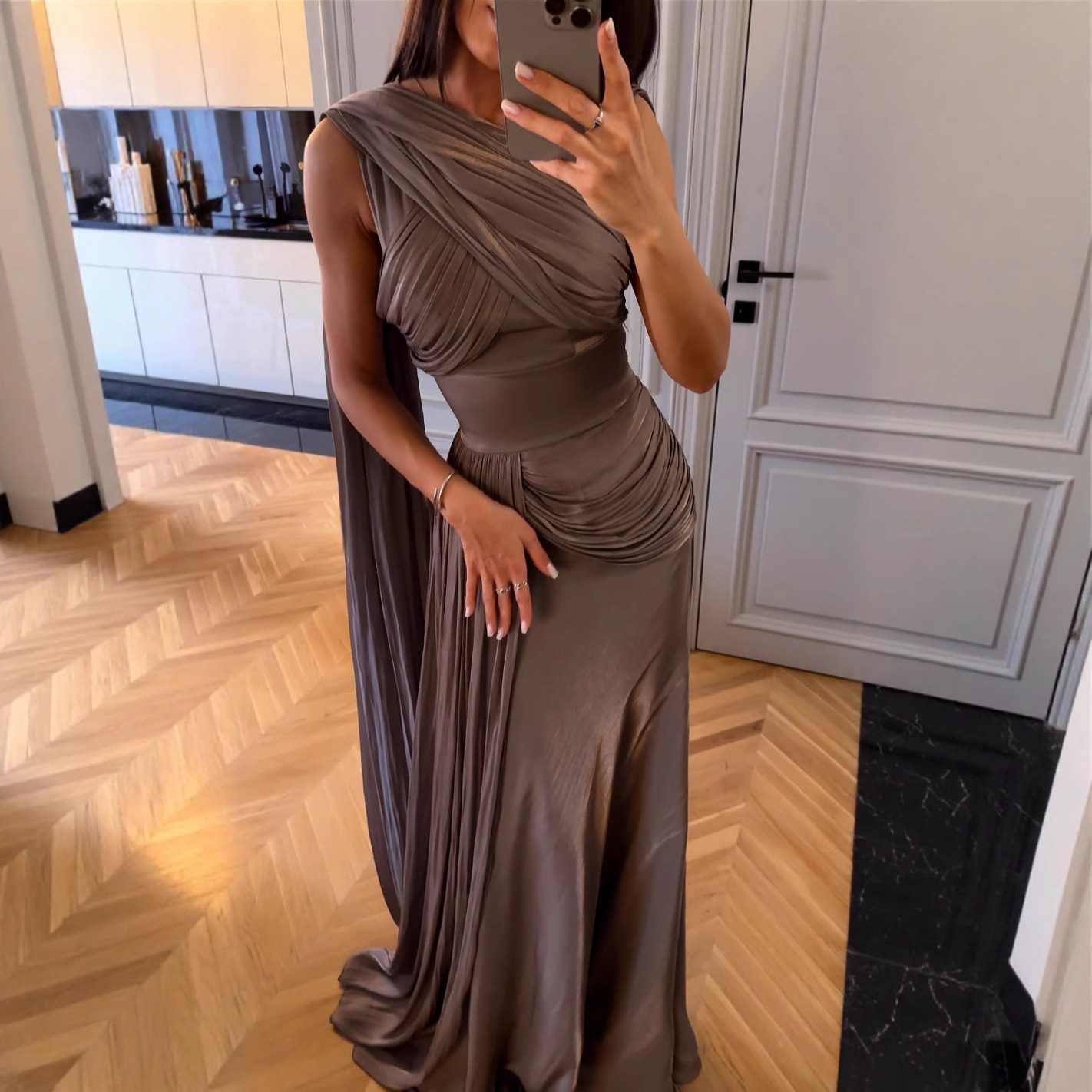 2025 Spring and Summer Cross-border Europe, America and the Middle East Foreign Trade Women's Clothing Independent Station Amazon Pleated Ribbon Satin Evening Dress