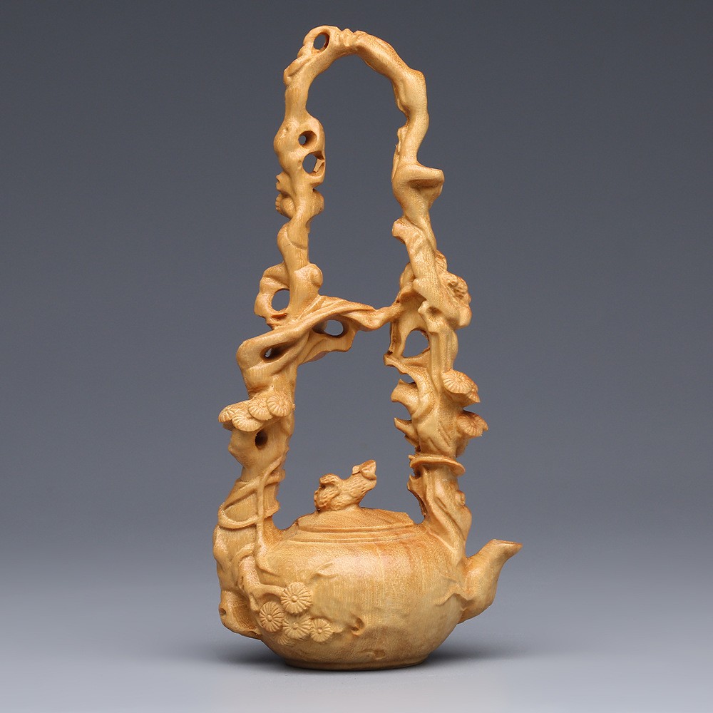 Chinese-Style Decorative Piece with Carved Cypress Wood, Dongpo Teapot Stand, Solid Wood Display Rack for Teapots, Home Living Room Decoration