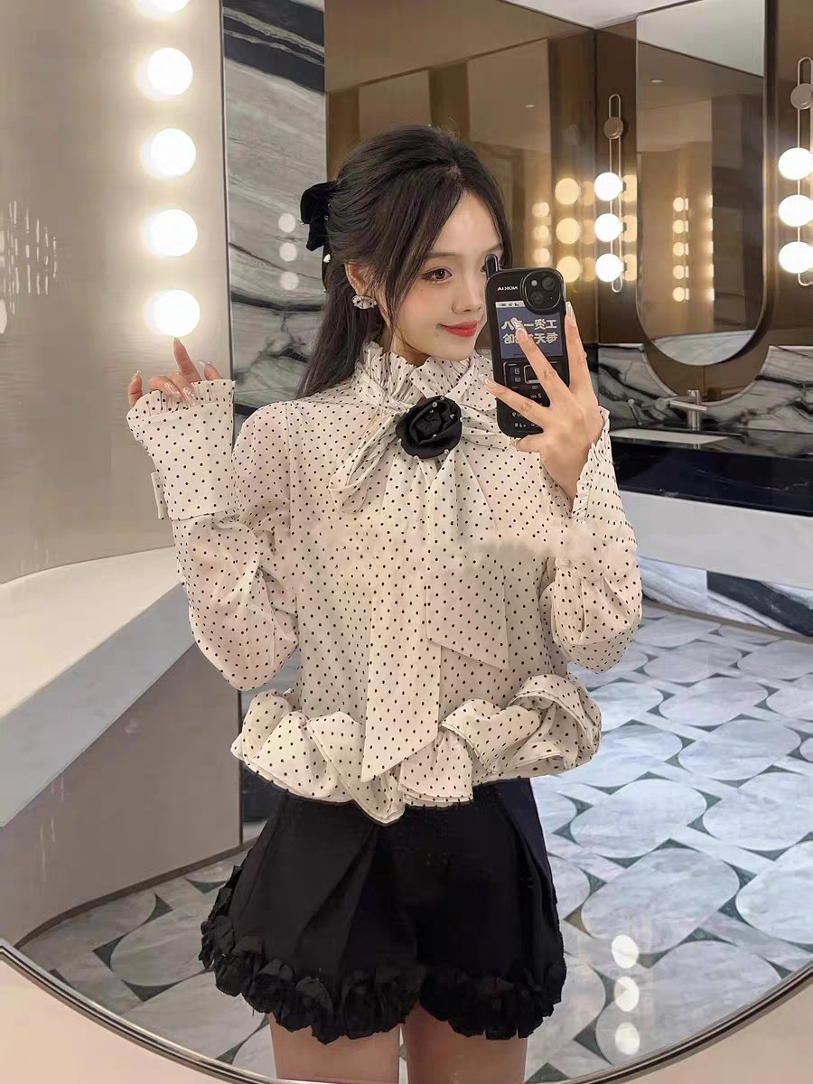 Rafei 2025 Early Spring New Design Girl's Ruffled Black and White Polo Dot Collar Strap Shirt