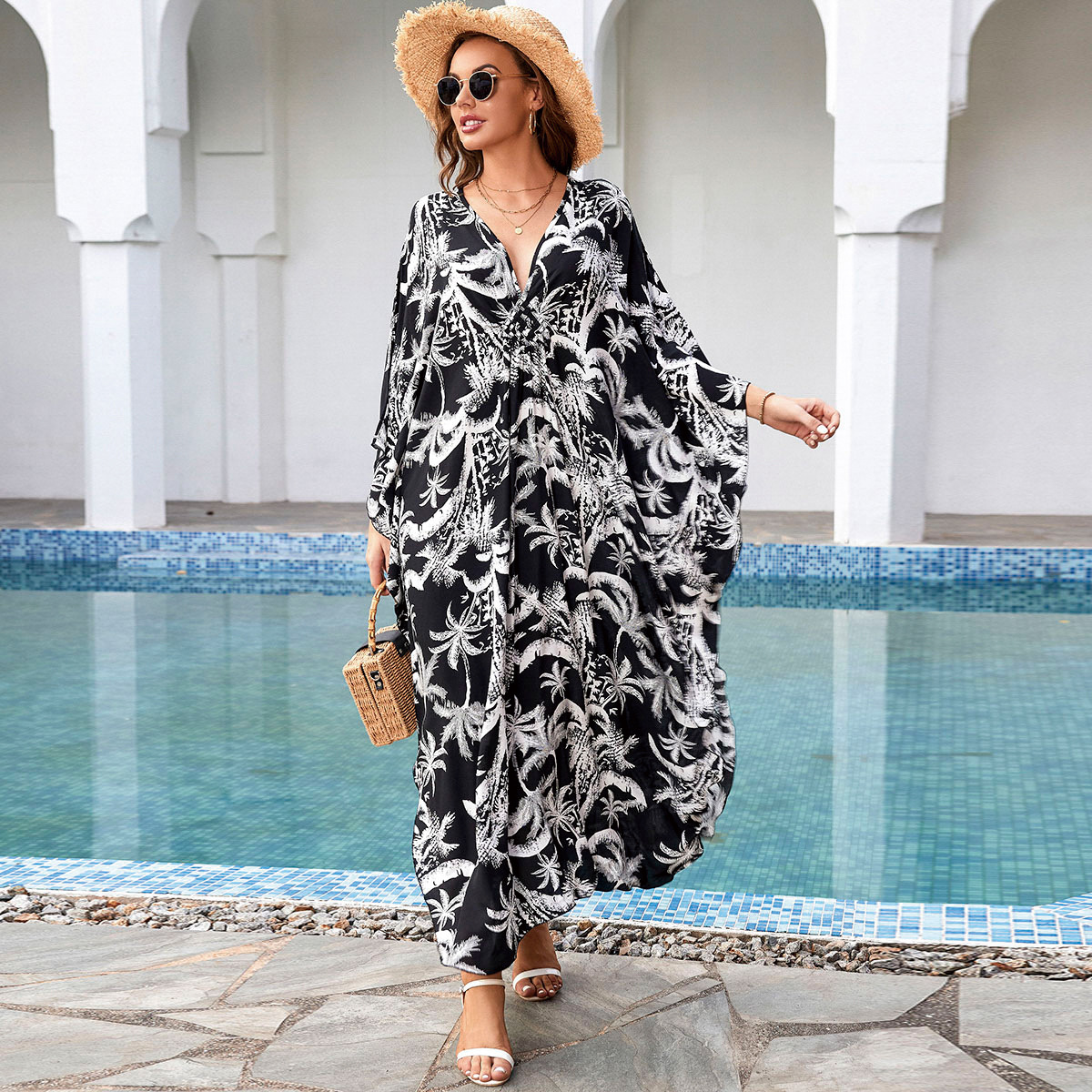 Beach Cover-Up Kaftan Rayon Woven Vacation Robe Cross-Border Amazon 8752 (34 Colors) Y