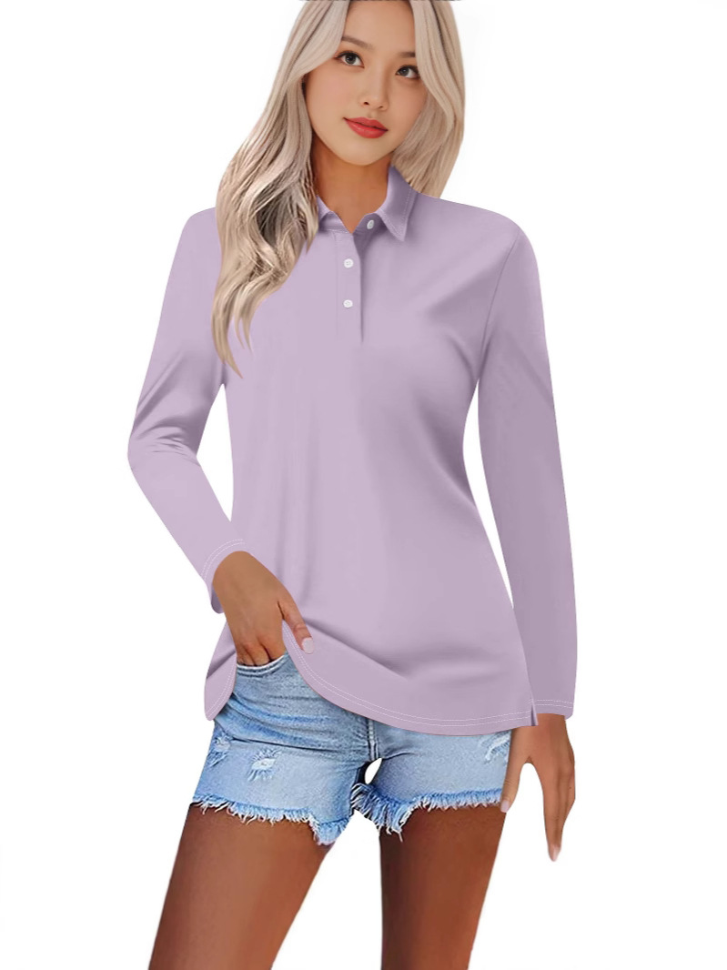 2024 Spring European and American New Slim Fit Lapel Solid Color Long Sleeve Top Polo Shirt Women's Casual T-Shirt Color Block