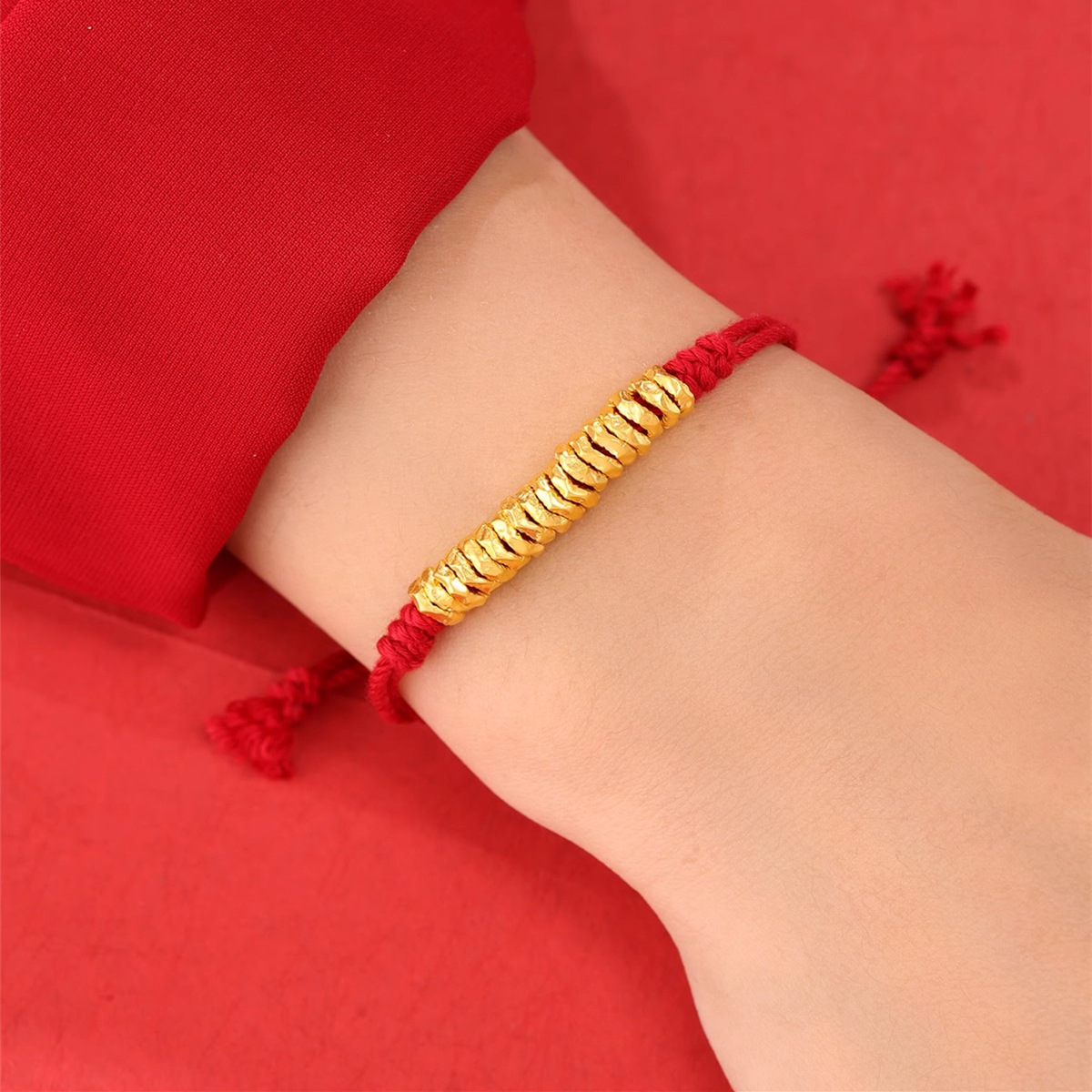 999 Pure Gold Broken Gold Gold Coiled Bracelet Women's Year of the Zodiac Red Rope Money String Pure Gold Spacer Beads 3D Hard Gold