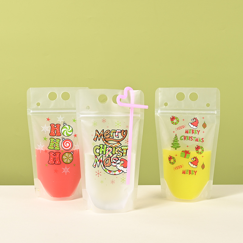 Cross-Border Christmas Beverage Bags Disposable Soy Milk Bags Milk Tea Juice Coffee Packaging Bags Portable Ziplock Bags in Stock