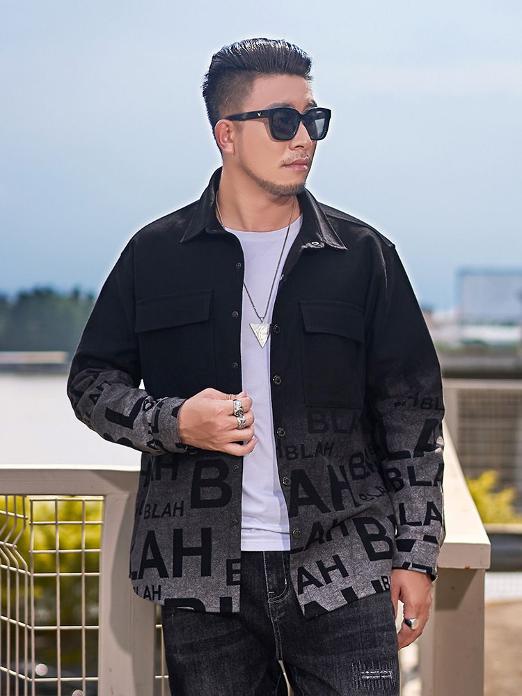 [Gradient Denim Jacket] Plus Size Men's Trendy Shirt Washed Single-Breasted Lapel Plus Fat Loose Jacket for Men