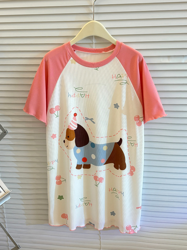 Children's Summer Thin Long Nightgown Girls' Ice Silk Casual Lace Short-sleeved Nightgown Baby's Cartoon Pajamas Air-conditioning Clothes