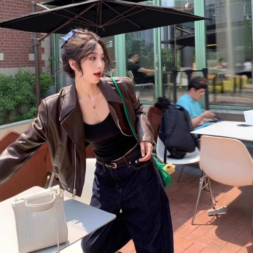 brown PU Leather Coat Women's Short 2025 Spring Loose Petite Retro Hong Kong Style Long Sleeve Biker Jacket Top