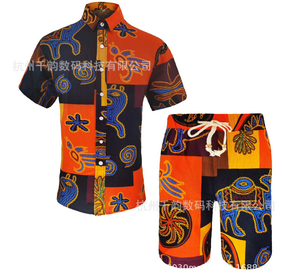 2025 New Foreign Trade Fashion Trendy Men's Loose Ethnic Style Short-Sleeved Shirt and Shorts Set One-Piece Wholesale