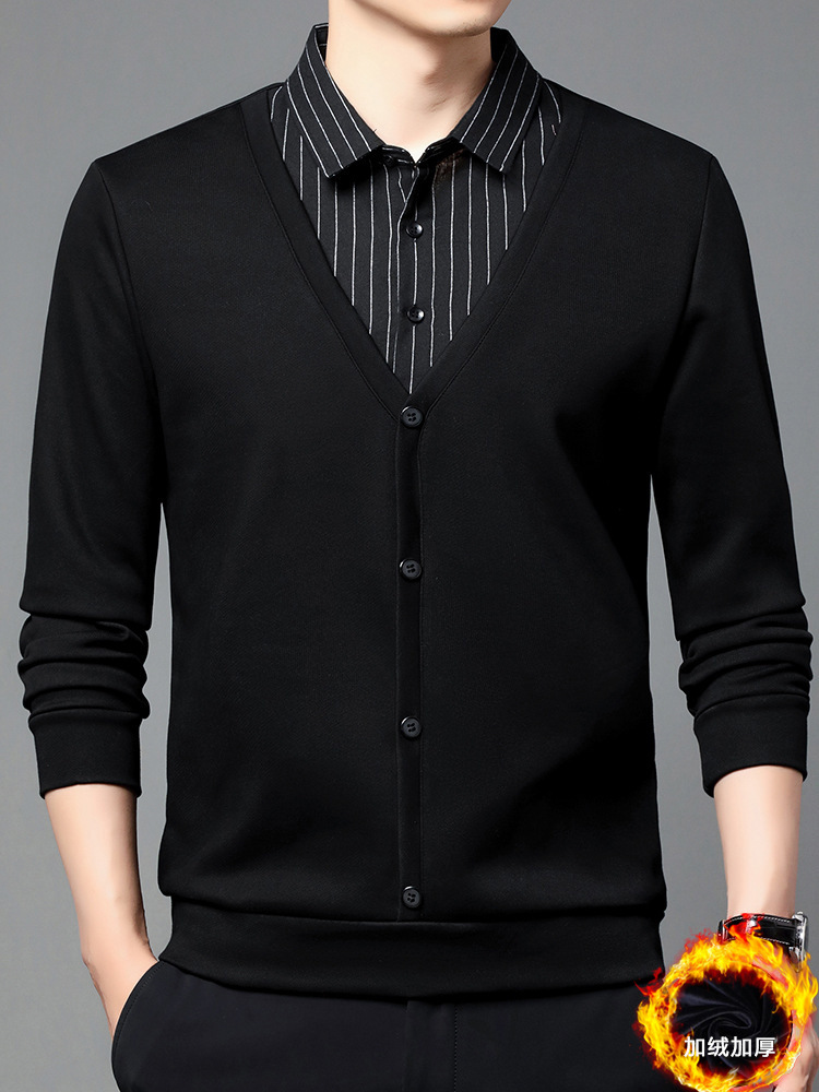 Фальшивый комплект из бархата, рубашка с воротником, зимняя, полосатая, для мужчин, повседневная вязаная одежда