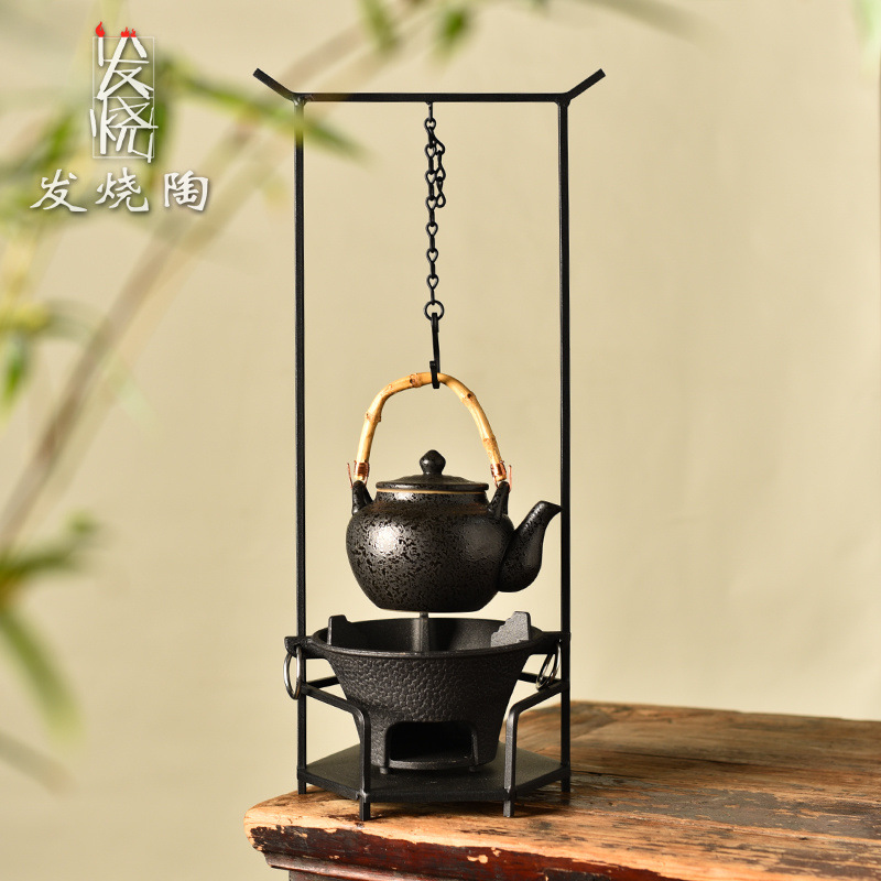 Керамические чайные принадлежности для готовки, полный набор с чугунным крюком, угольная плита для кипячения воды и подъемного чайника для домашнего обогрева