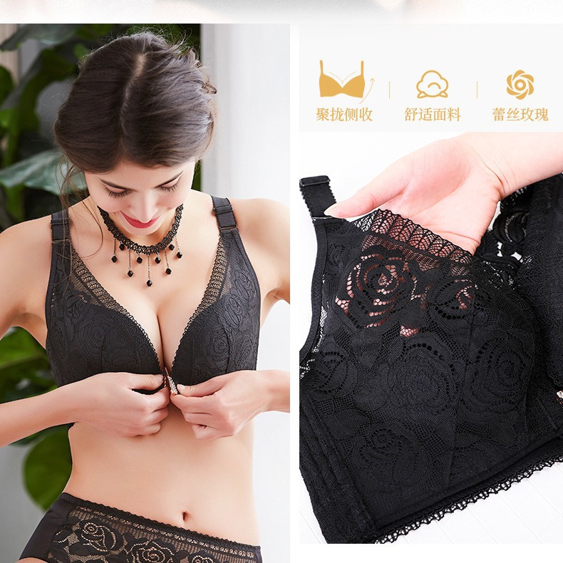 Amazon Large Size Front Buckle Rose Thin Cup Underwear Women's Gather-up Non-rimmed Stand-alone Bra Big Chest Beautiful Back Bra