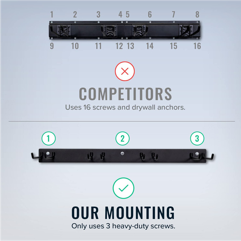 Heavy-duty floating tool rack wall-mounted storage rack for hand-held and power tools broom storage