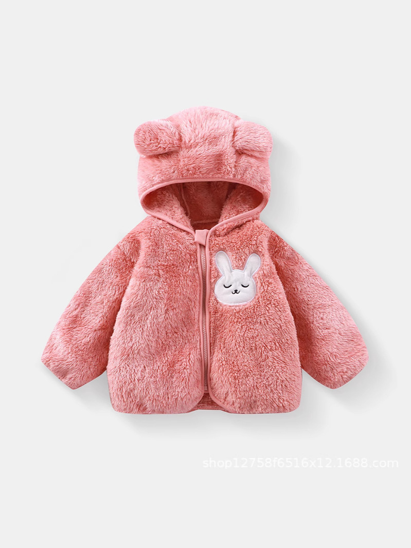 Children's Cartoon Plush Top Autumn and Winter New Baby Cute fleece-lined Hooded Zipper Shopback Home Clothes Jacket