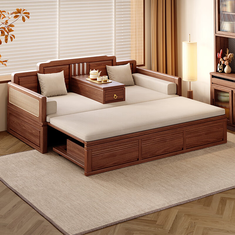 New Chinese-style Solid Wood Lohan Bed with Storage Box Body Modern Simple Antique Zen Living Room Black Walnut Sofa Bed