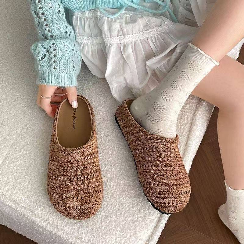 French-Style Niche Closed-Toe Mules for Women, Hollow Breathable Closed-Toe Half Slippers for Women, Summer Outdoor Roman-Style Thick-Soled Mules