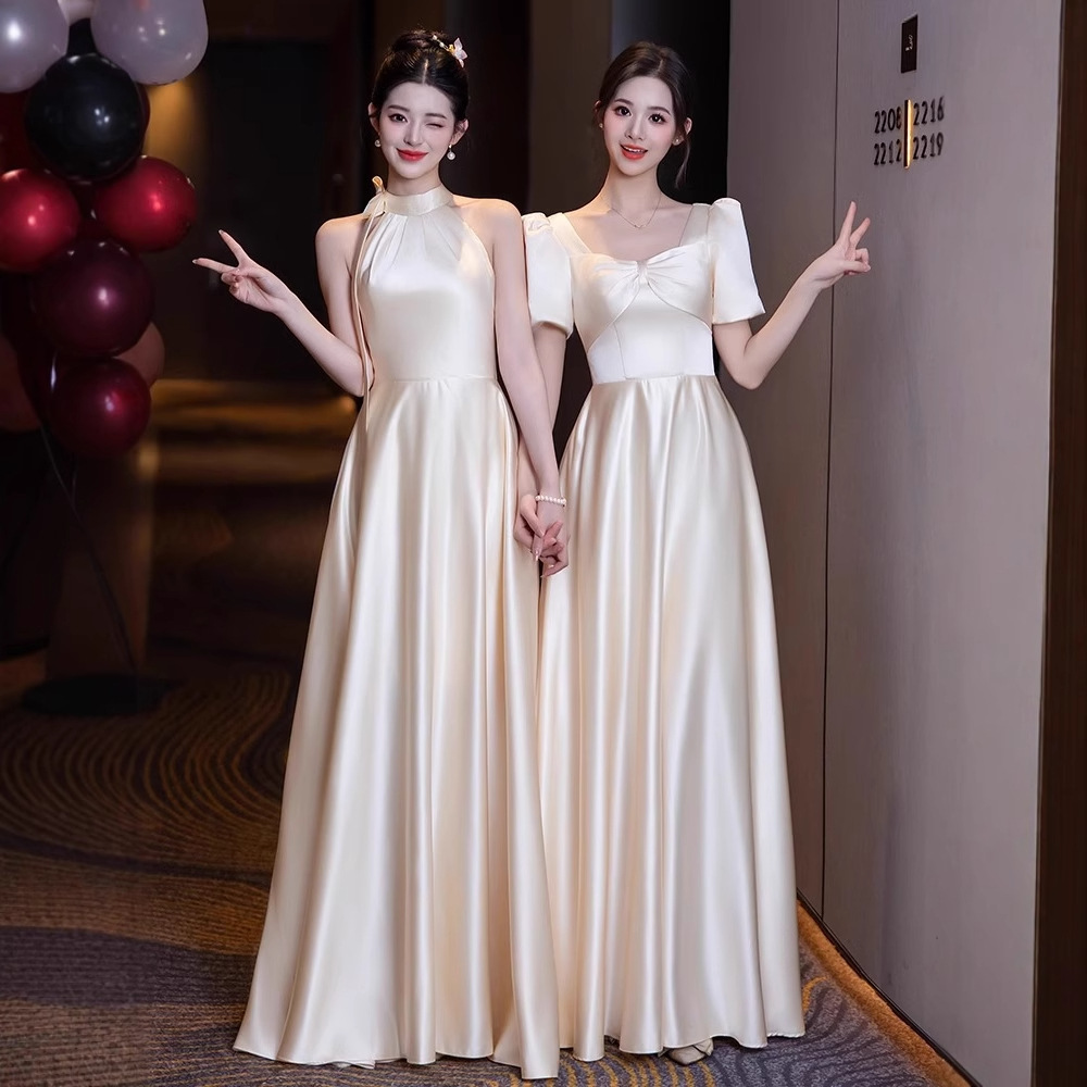 Sister Group High-end Bridesmaid Dress 2025 New Simple Satin Champagne Dress Women's Summer Wear