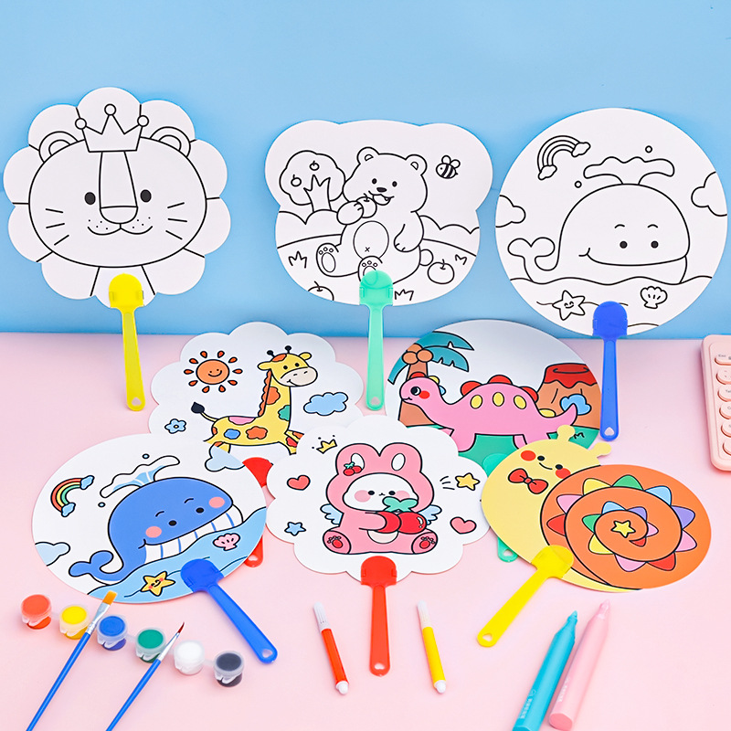 Cartoon DIY Graffiti Fan Kidsren's Cute Hand-Painted Blank Round Fan Children's Day Coloring Painting Plastic Small Fan