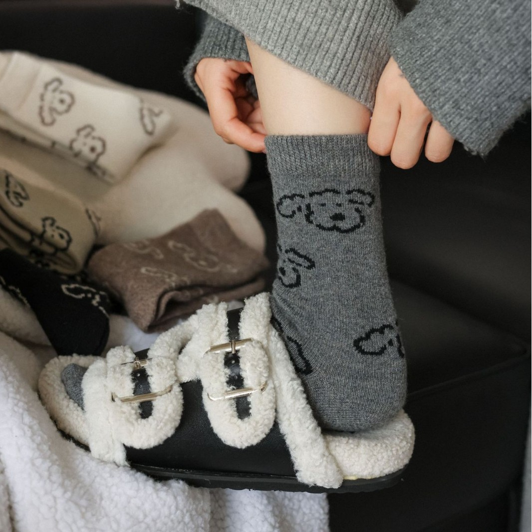 Wool Puppy Socks Autumn and Winter Thickened Warm Cute Ins Trendy with Birkenstock Shoes Japanese Cartoon Mid-Tube Socks