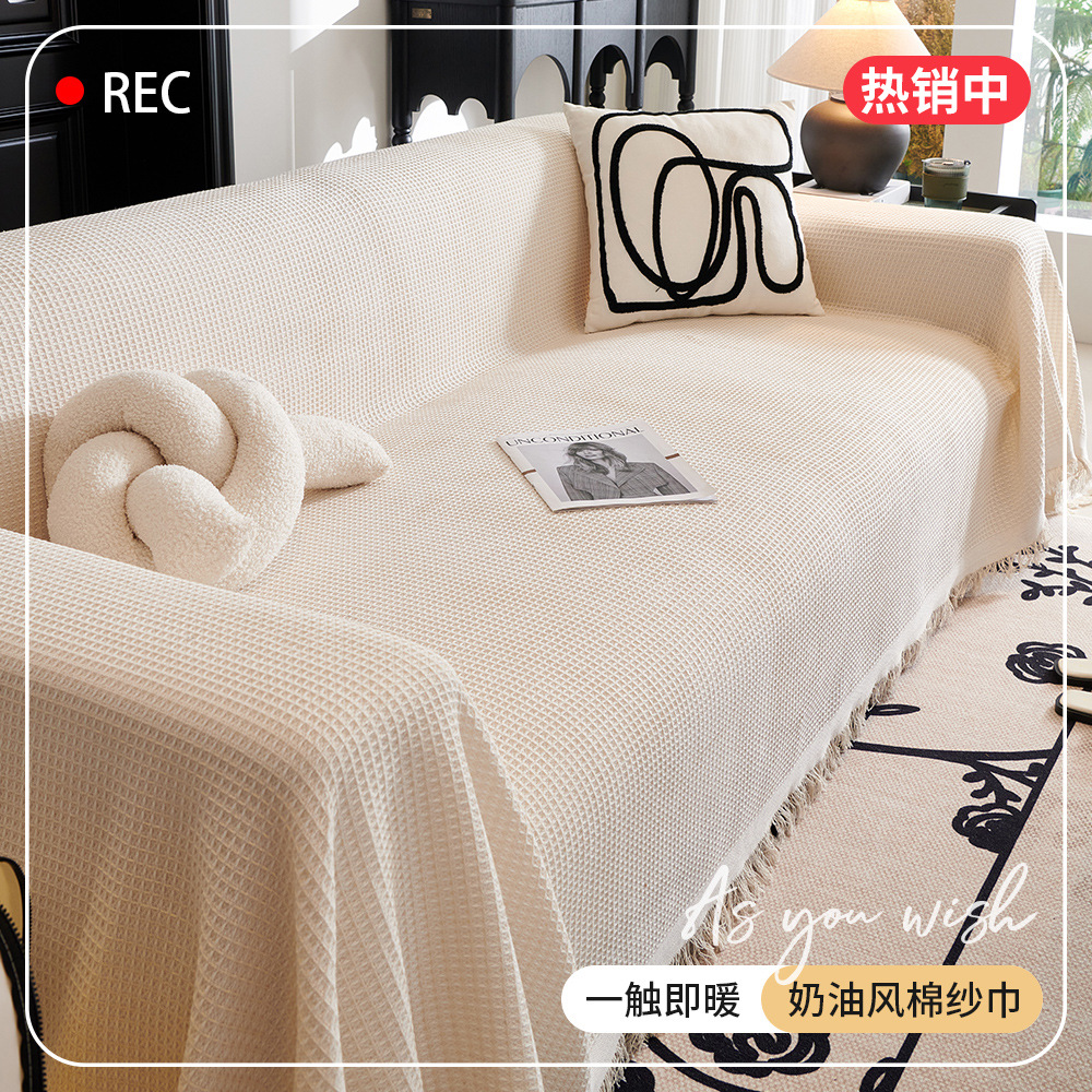 Sofa Towel Full Cover Cloth Ins Cream Style Cotton Gauze Camping Style Blanket Sofa Cushion Cover Cloth All Year Round Universal All-Inclusive Sofa Cover