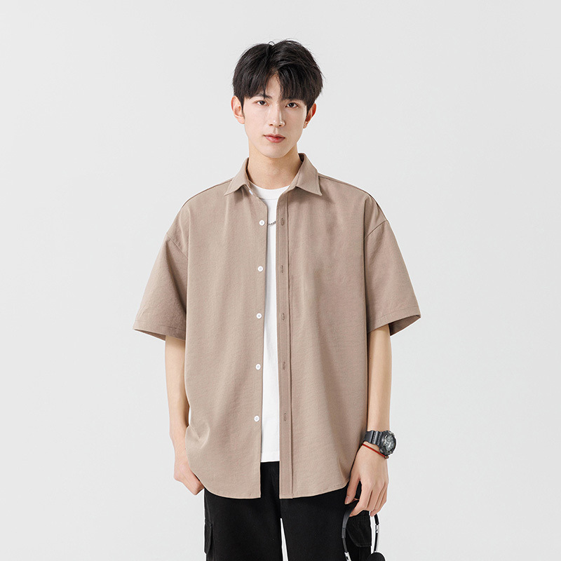 Hawaiian Short-Sleeved Shirt Men's Summer Trend Japanese Style Simple Loose Casual Boys Pure Cotton Three-Quarter Sleeve Shirt