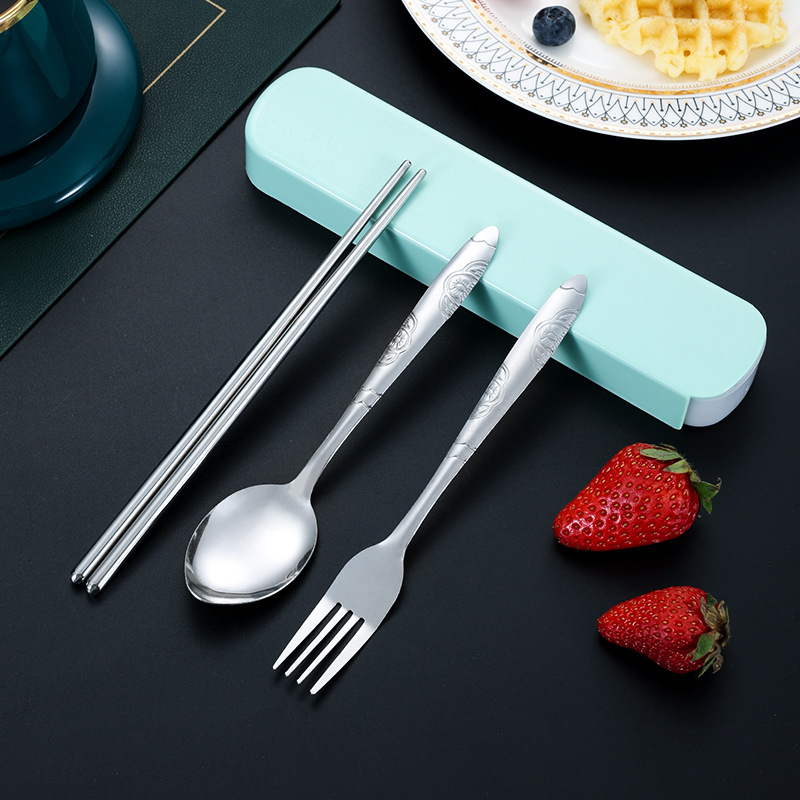 Stainless Steel Portable Tableware Set Creative Outdoor Chopsticks, Forks and Spoons Three-Piece Set Office Worker Spoon and Fork Pull-Out Box Wholesale