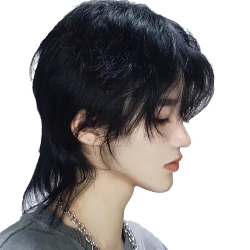 Japanese-Style Mullet Head Cosplay Wig for Men, Medium-Length Straight Hair Wig, Full Head Cover, Unisex Wolf Tail Synthetic Hair