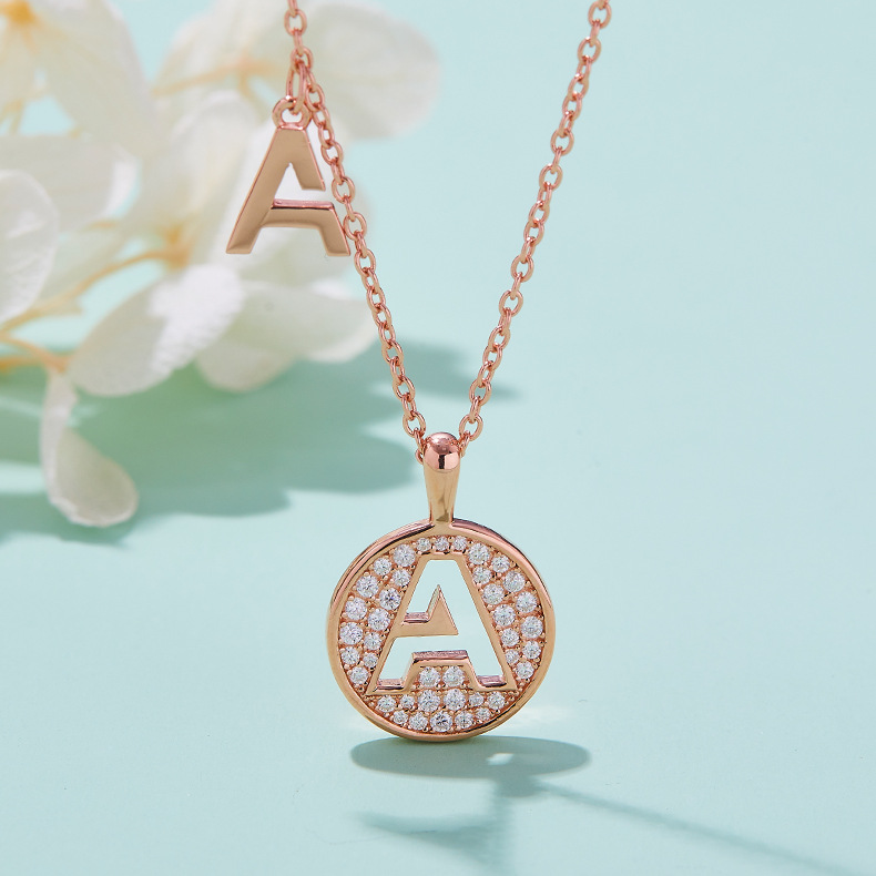 European and American Cross-Border S925 Silver Plated Rose Gold Moissanite Accessible Luxury Letter Precision Pendant Necklace Clavicle Chain