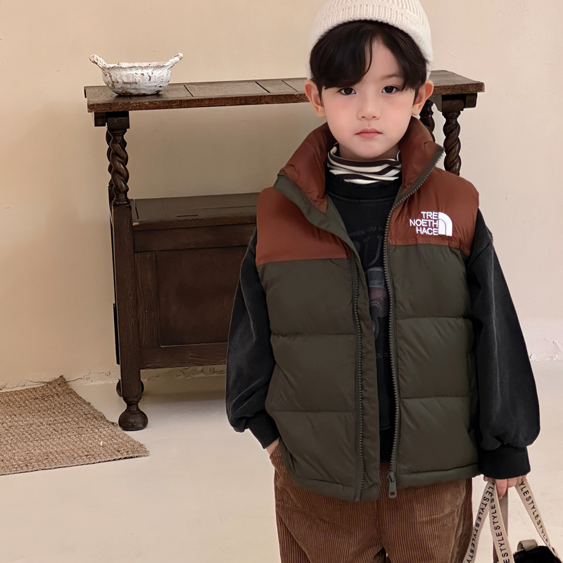 New Kidsren's down Cotton Vest for Boys and Girls Stand-Up Collar Splicing Kidsren's Clothing down Vest Vest Outer Wear Douyin Live Broadcast
