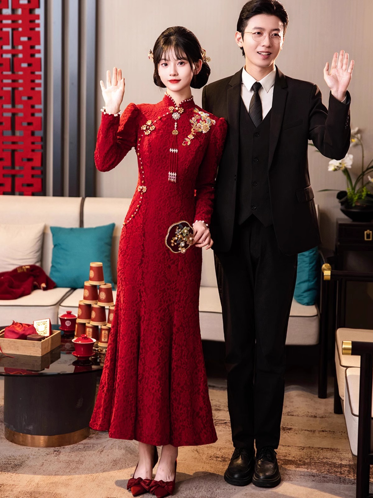 Новое китайское зимнее платье для тостов, 2024, новое, невеста, высококачественное, свадебное, платье для помолвки, чонгсам, хвост