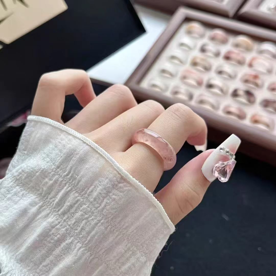 Natural Agate Ring Women's Peach Blossom Brewed Ring Ring Hibiscus Pigment Ring Couple Men's and Women's Ring Jade Ring