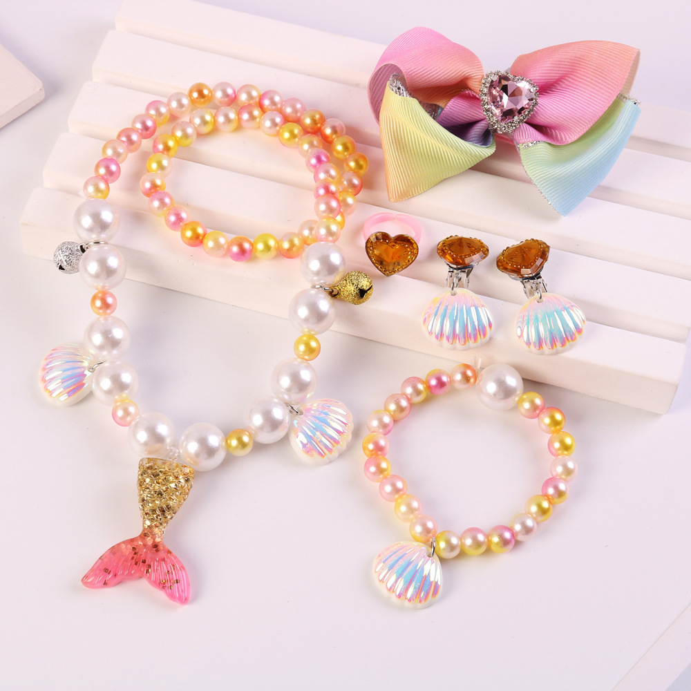 Children's Mermaid Tail Bow Necklace Bracelet Little Girl Princess Shell Earring Clip Fish Scale Ring Set