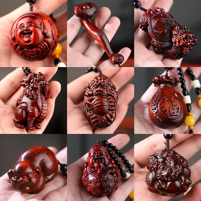 Small-Leaf Red Sandalwood Handle Piece, Fortune Pendant, Pixiu Toy Piece, Wen God of Wealth Pendant, Wooden Toy Crafts Wholesale