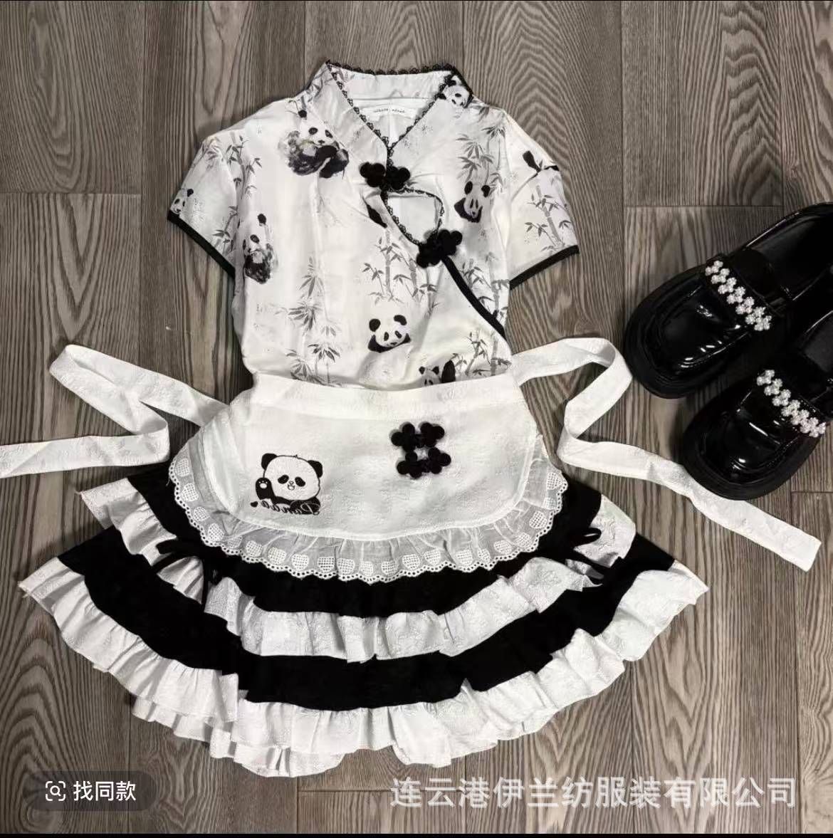 Cute Girl's New Chinese Style National Style Panda Printed Top High Waist Figure Flattering Puffy Cake Skirt Maid Apron suit