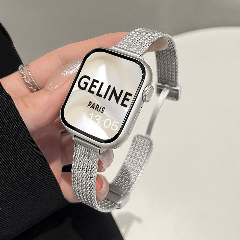 Suitable for Apple Applewatch Watch Stainless Steel Foldableing Magnetic Buckle Wheat Ear Mesh Women's Metal Watch Strap