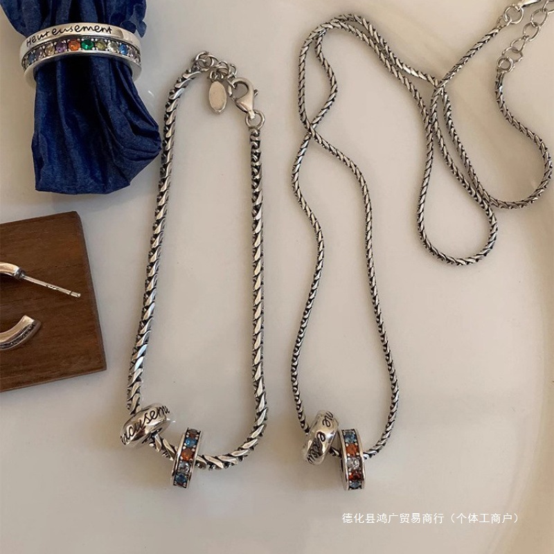 Authentic 925 Sterling Silver Passepartout Color Diamond Necklace and Bracelet Set with Personalized Simple and Fashionable Design