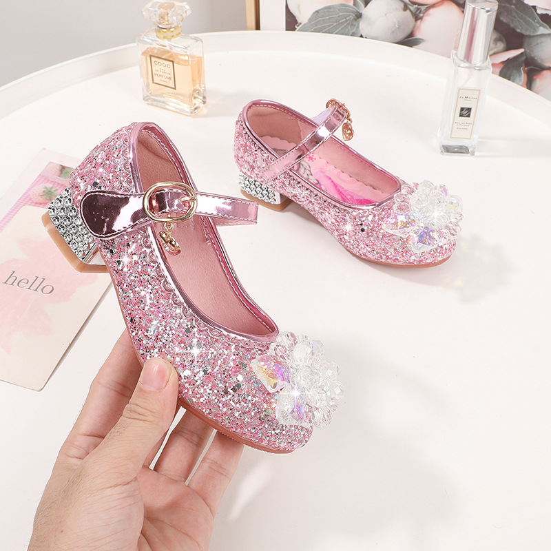 2025 Spring and Autumn New Chunky Princess Shoes Cartoon Princess Aisha Mary Jane Shoes Girls Crystal Sequin Small Leather Shoes