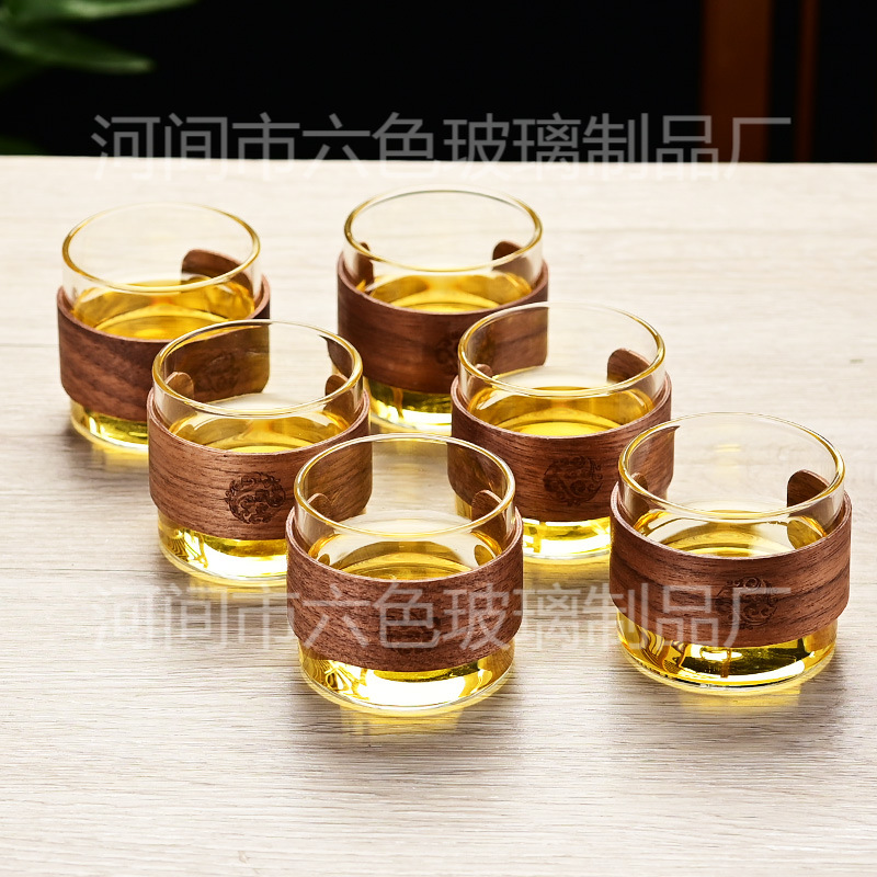 Walnut Wood Chinese-Style Glass Tea Cup, Personal Use Master Cup, High-Temperature Resistant Glass Cup, Tea Tasting Cup, Anti-Scalding Tea Cup