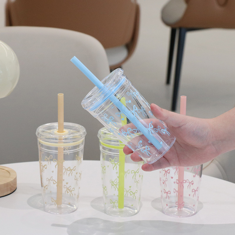 Summer new single-layer transparent plastic suction cup simple straight milk tea cup coffee cup bow printing wholesale
