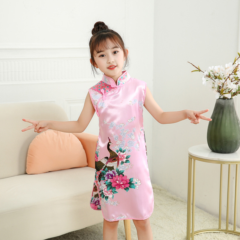 Classic Girls Red Cheongsam Kidsren's Peacock Children's Day Performance Clothing Chinese Style New Year Kidsren's Clothing Performance Clothing Spring and Summer
