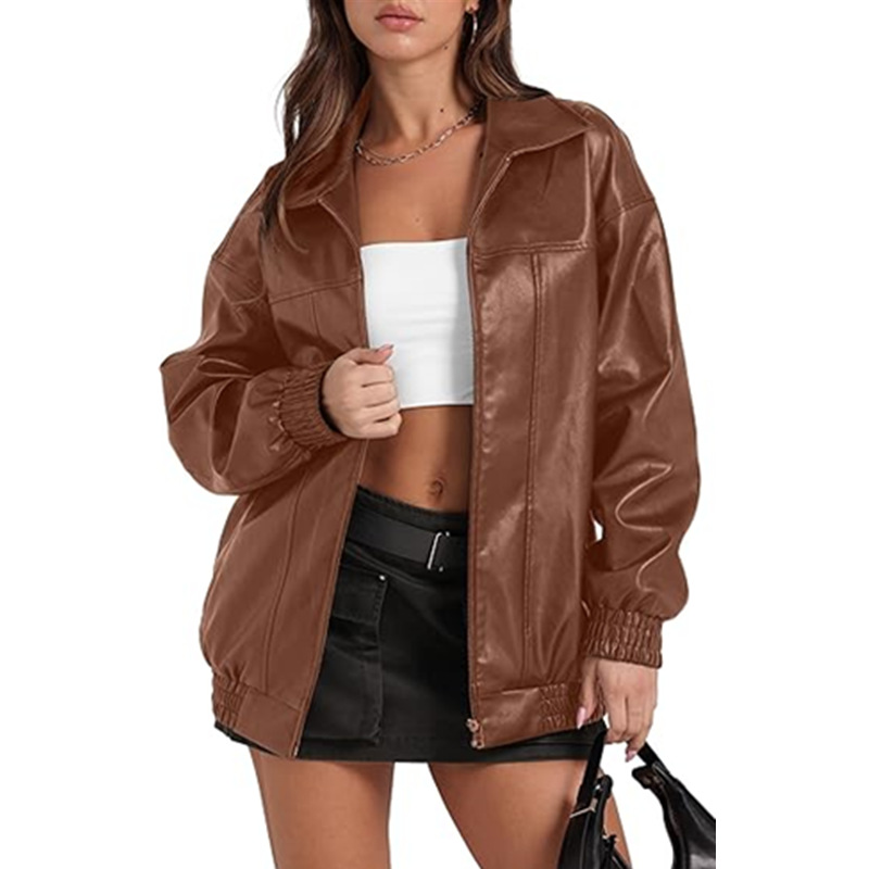 2025 Amazon Independent Site Popular Pu Leather Jacket Long-Sleeved Lapel Zipper Side Flap Pocket Pants Casual Leather Jacket for Women