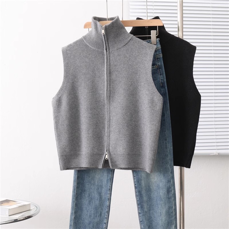 Retro stand collar waistcoat knitted vest for women autumn and winter New cardigan coat design loose zipper sweater vest