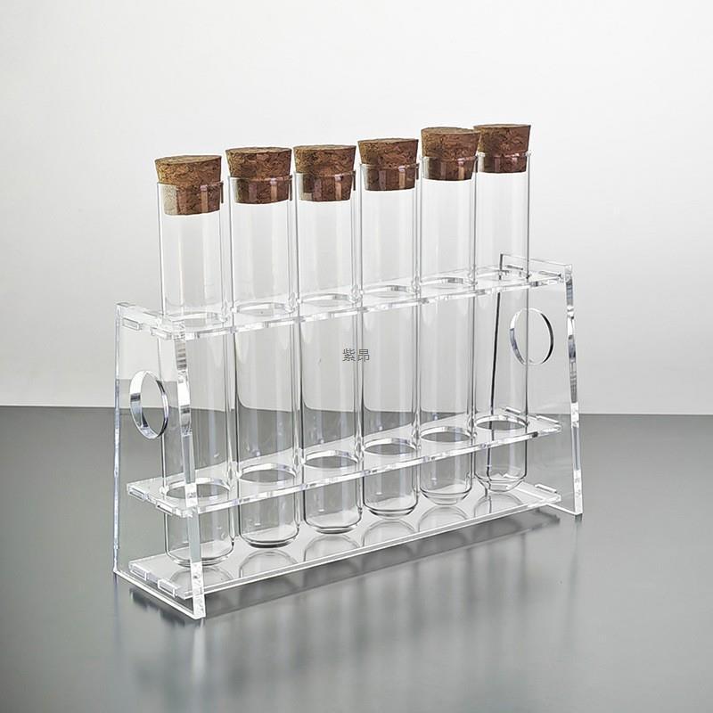 Package 6Pcs 20/25/30*150 Glass Test Tube with Wooden Stopper + Single Row 6 Holes Glass Test Tube Rack