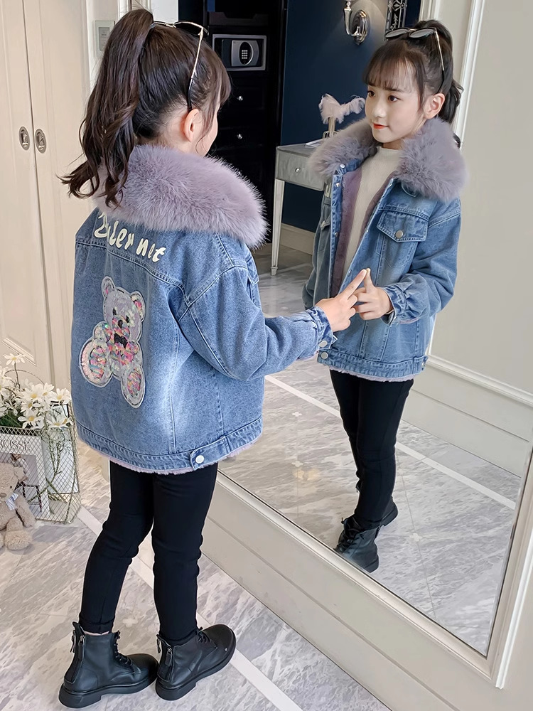 Вельветовое пальто для девочек, новая осенняя и зимняя джинсовая одежда 2024, утолщенная зимняя куртка из хлопка для девочек