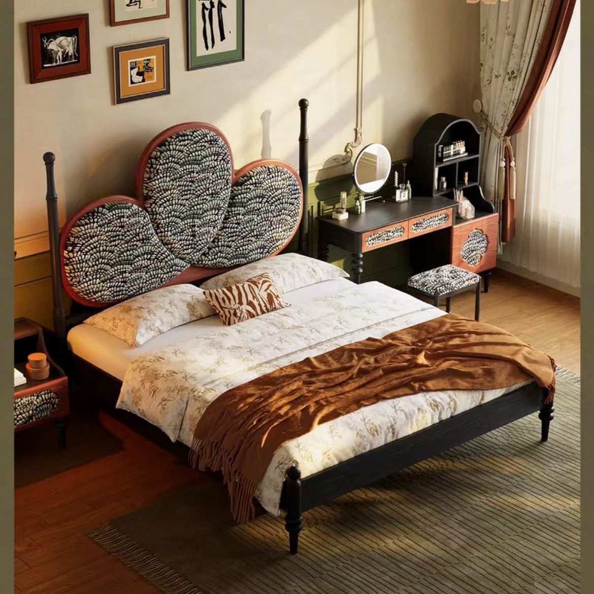 French Retro Bedroom Double Bed Dressing Table Telescopic Integrated Cabinet Combination Antique High Back Bed Set of Furniture