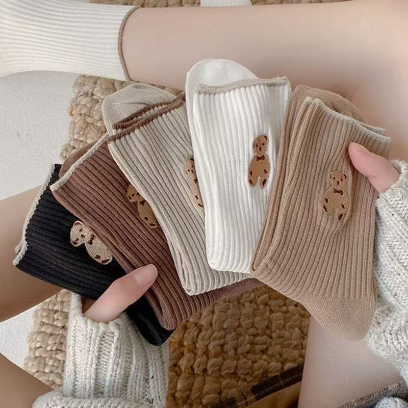 Women's Socks Korean Style Instagram Style Fashionable Autumn and Winter High Beauty Value All-match Vertical Pattern Bear Student Cute Girl Socks