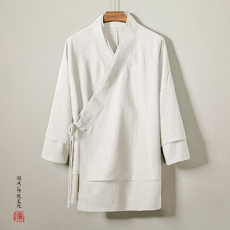 2022 autumn and winter New Chinese style men's cotton and linen solid color improved Hanfu youth loose robe casual coat men