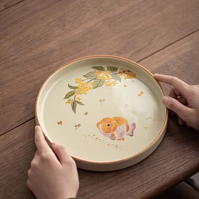 Creative Small Ceramic Tea Tray with a Round Dry Bubble Tray and Fruit Tray for Storing Tea Leaves