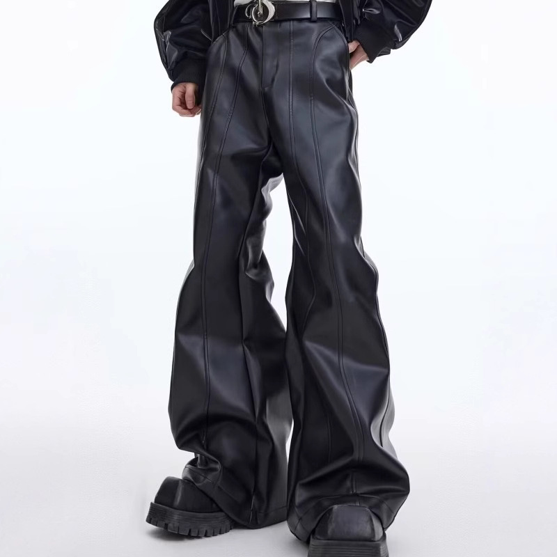 Men's and Women's Vintage Old Washed Split Design Niche Leather Pants Fashionable All-match Loose Straight Casual Trendy Pants