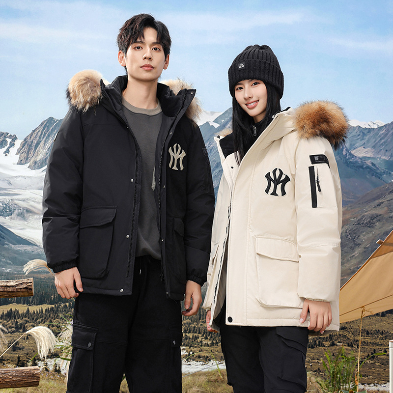 Faux Fur Collar Live Streaming Men's and Women's Couple Style Outdoor Sports Workwear down Jacket Trendy Brand Cross-Border Assault down Jacket 2402