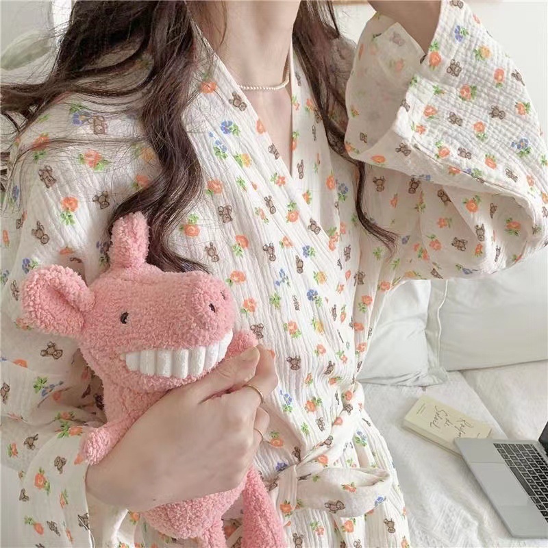 Japanese-style Kimono Long-sleeved Nightgown Cute Bear Nightgown Women's Autumn Long Pajamas Casual Home Clothes for Outer Wear